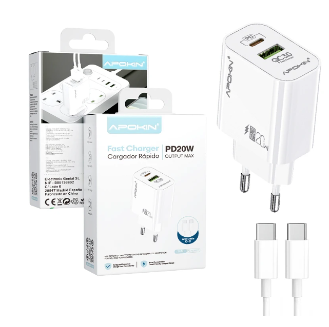 Carregador Apokin 20w FastCharger Tipo-C Branco