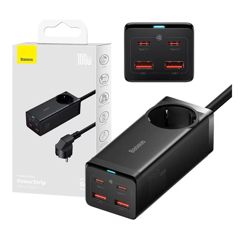 Carregador Baseus com Tomada de 100W e 2xUSB-A + 2xUSB-C