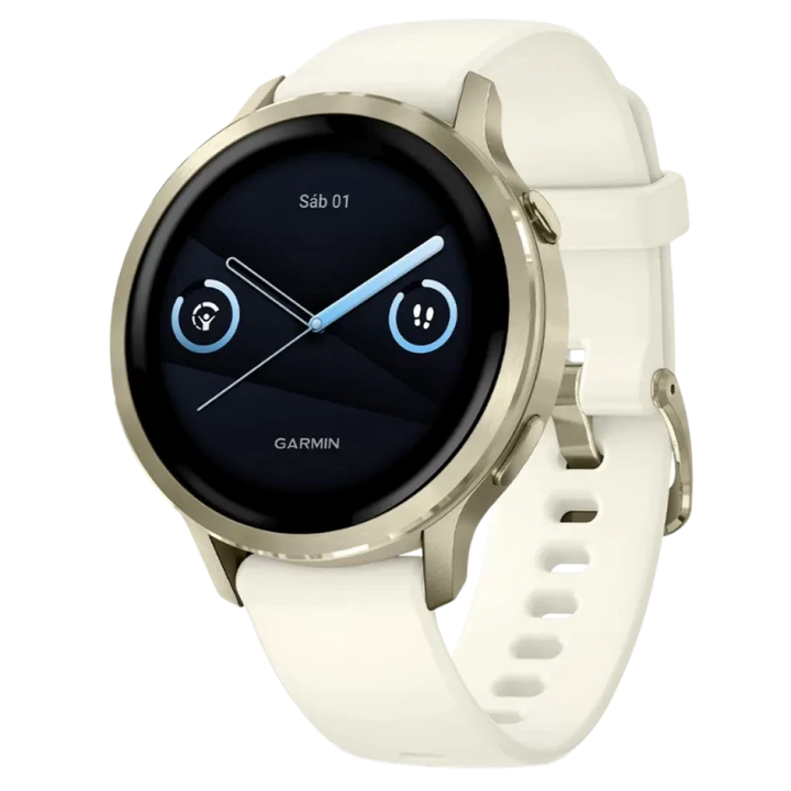 Garmin Venu 4 41 mm Dourado com pulseira de silicone branca Ecrã AMOLED de 1,2 polegadas - Relógio inteligente