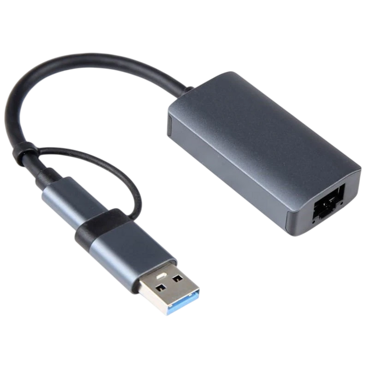 Adaptador BYL-2207 2 em 1 USB 3.0+Tipo C para RJ45 Cinza