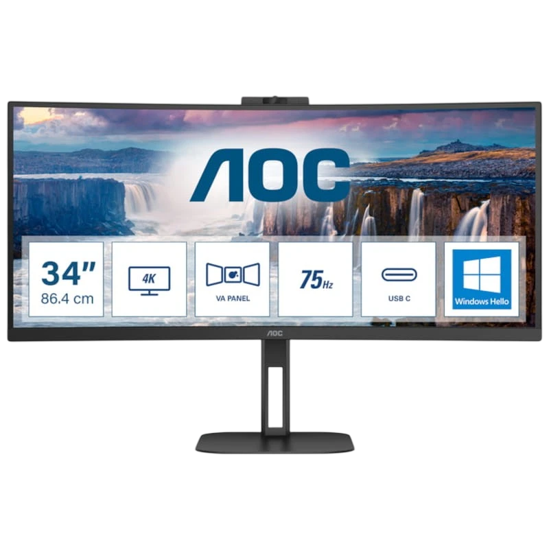 AOC V5 CU34V5CW 34 WQHD VA UltraWide Curvo 100 Hz FreeSync Webcam Preto de Computador