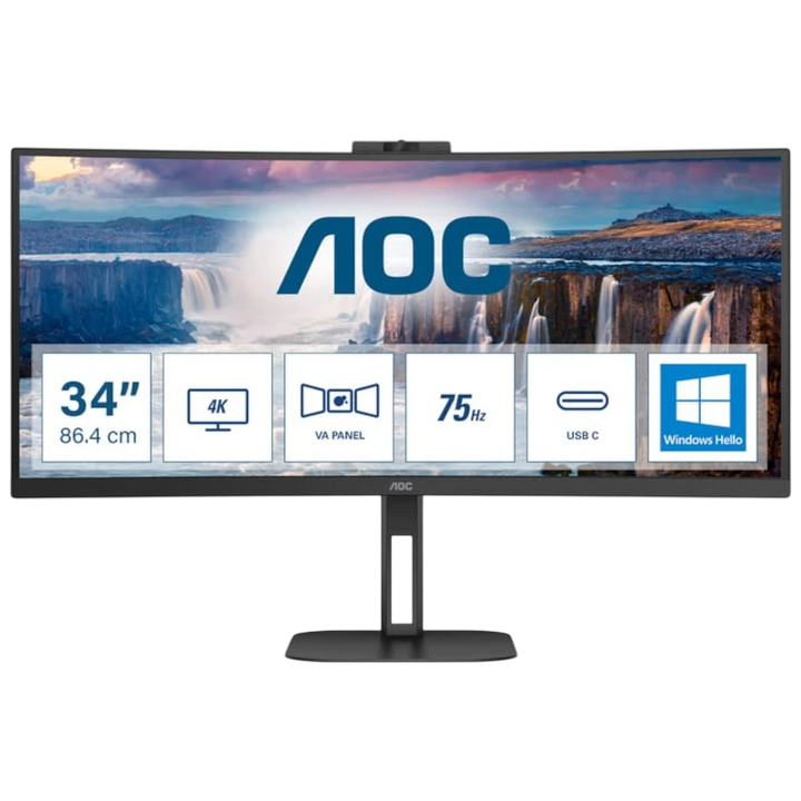AOC V5 CU34V5CW 34 WQHD VA UltraWide Curvo 100 Hz FreeSync Webcam Preto de Computador