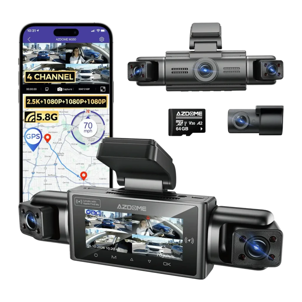 Dashcam AZDOME M350 4 Canais 360° 2.5K + 3×1080P GPS WiFi 5GHz