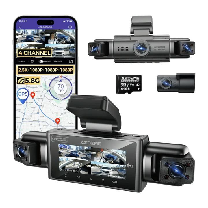 Dashcam AZDOME M350 4 Canais 360° 2.5K + 3×1080P GPS WiFi 5GHz