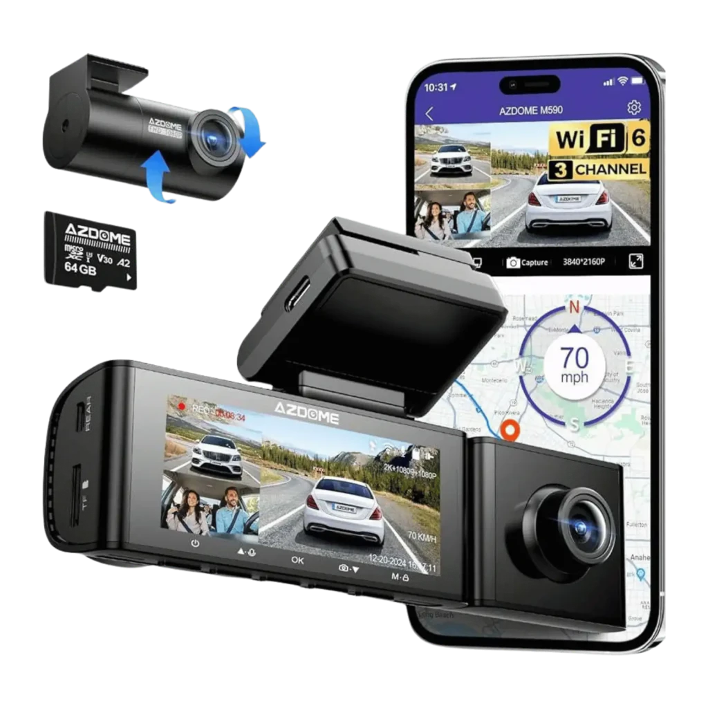 Câmara de bordo Azdome M590 3 canais: 2,5K à frente + 1080P no habitáculo traseiro com GPS