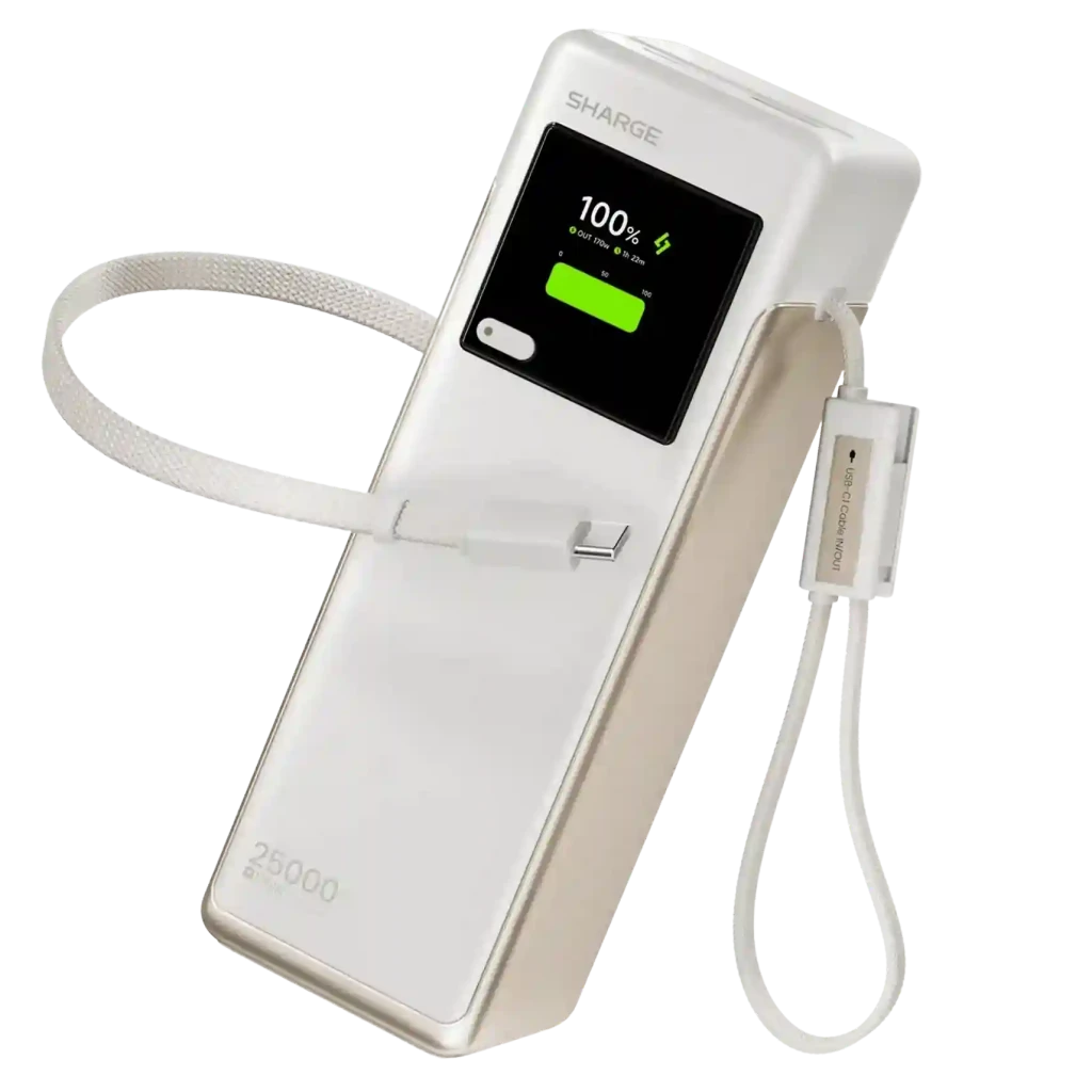 Powerbank SHARGE HyperTower X6 170 W 25 000 mAh PD 3.1 com cabos integrados, Branco - Carregador portátil topo de gama