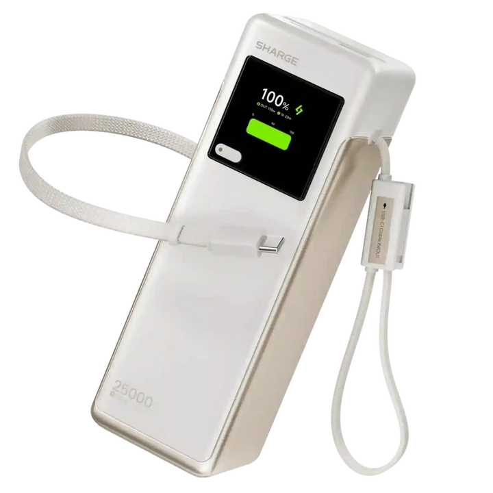 Powerbank SHARGE HyperTower X6 170 W 25 000 mAh PD 3.1 com cabos integrados, Branco - Carregador portátil topo de gama