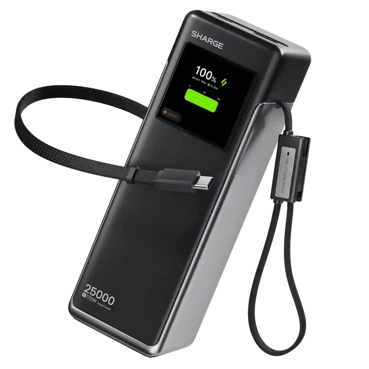 Powerbank SHARGE HyperTower X6 170 W 25 000 mAh PD 3.1 com cabos integrados, Preto - Carregador portátil topo de gama