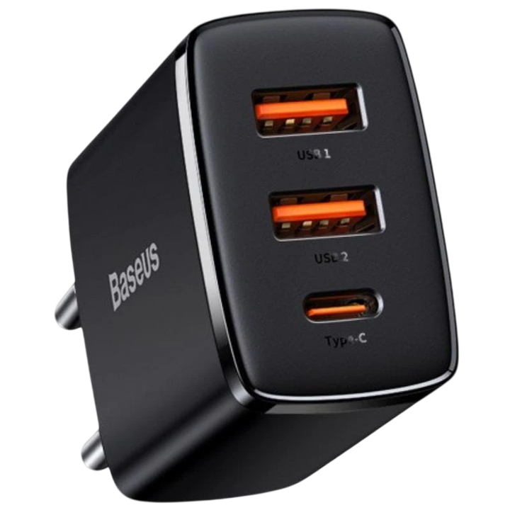 Baseus Compact Quick Charger 30W Preto - Carregador de parede 2xUSB-A 1xUSB-C