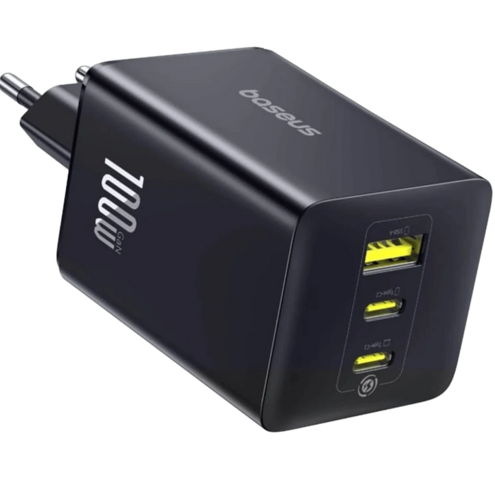 Baseus EnerFill FE11 100 W GaN 6 2xUSB-C + USB-A Preto - Carregador de parede rápido