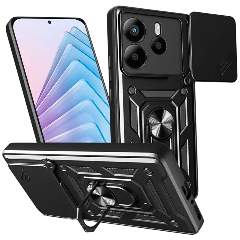 Capa de Armadura Militar para Xiaomi Redmi Note 14 4G com Proteção de Câmara, Suporte Metálico e Anel Preto