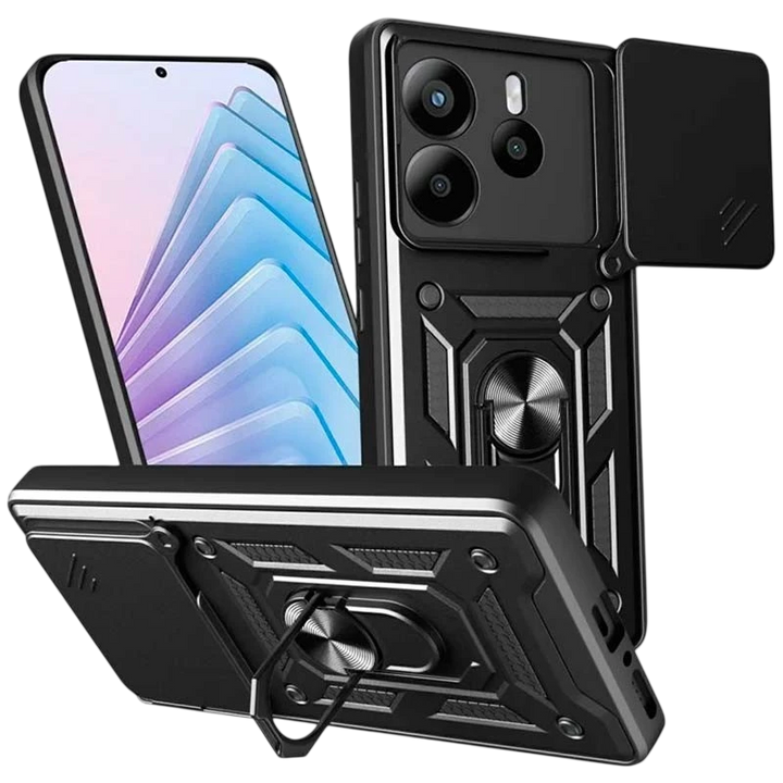 Capa de Armadura Militar para Xiaomi Redmi Note 14 4G com Proteção de Câmara, Suporte Metálico e Anel Preto