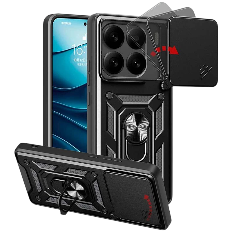 Capa de Armadura Militar para Xiaomi 15 5G com Proteção de Câmara, Suporte Metálico e Anel Preto