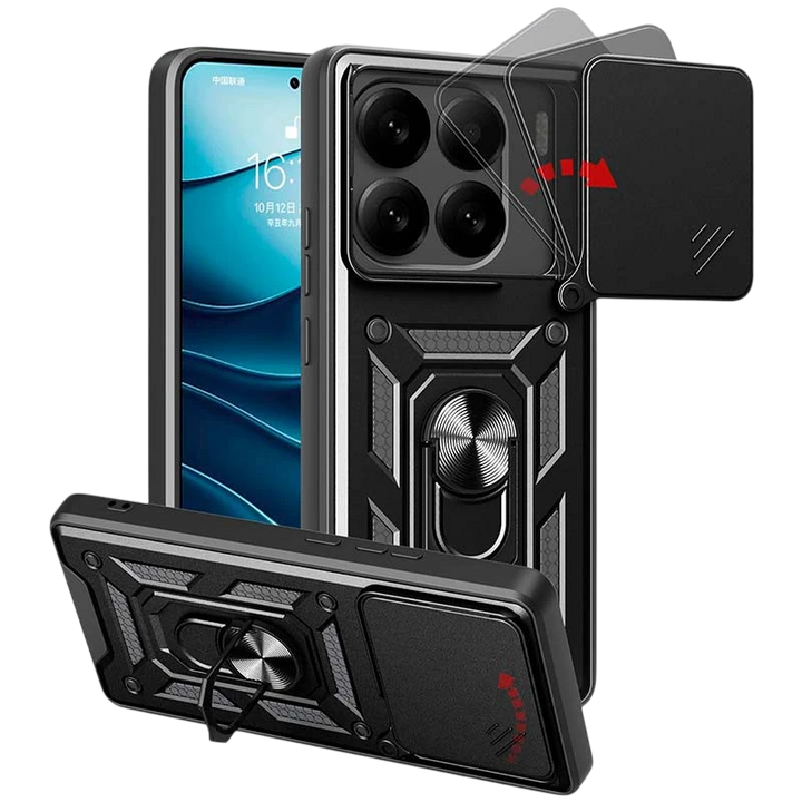Capa de Armadura Militar para Xiaomi 15 5G com Proteção de Câmara, Suporte Metálico e Anel Preto