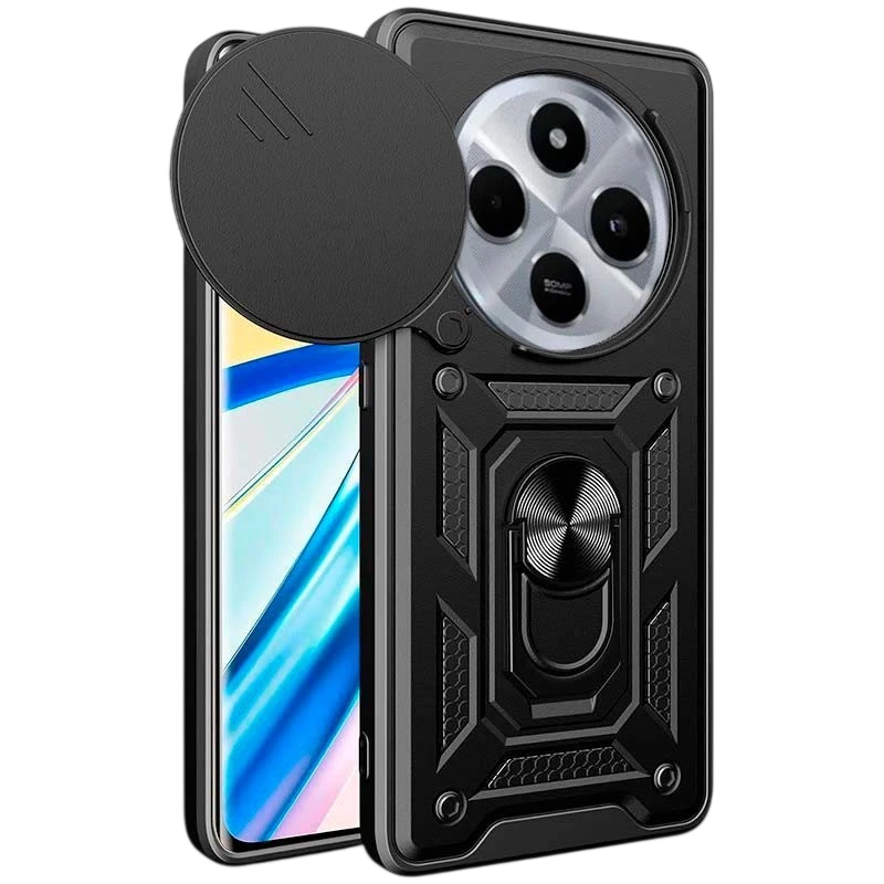 Capa de Armadura Militar para Xiaomi Redmi 14C / Poco C75 com Proteção de Câmara, Suporte Metálico e Anel Preto