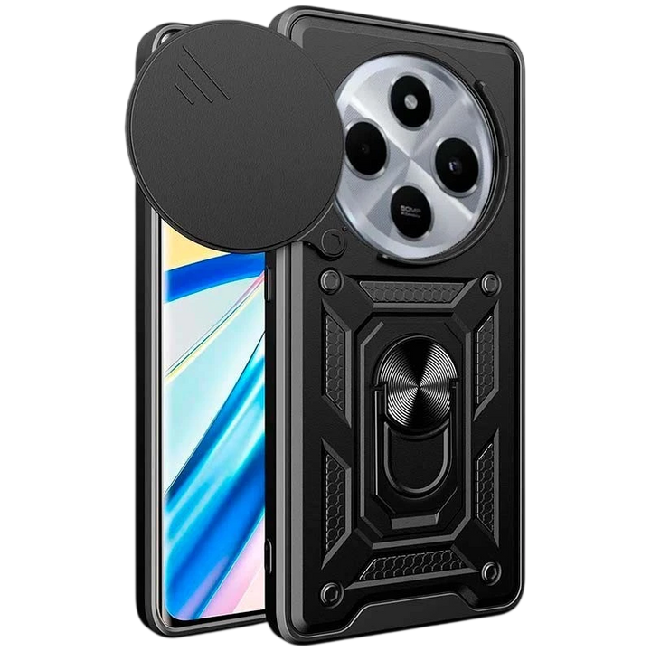 Capa de Armadura Militar para Xiaomi Redmi 14C / Poco C75 com Proteção de Câmara, Suporte Metálico e Anel Preto