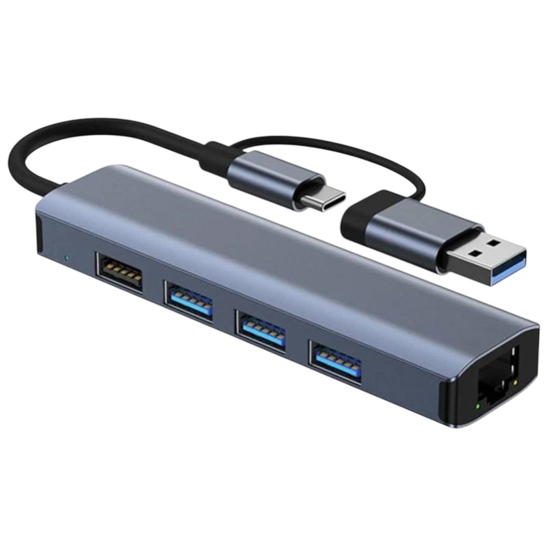 Hub USB BYL-2208 5 em 2 USB 3.0+Tipo C/RJ45 (Gigabit)+USB 3.0+2.0 Cinza