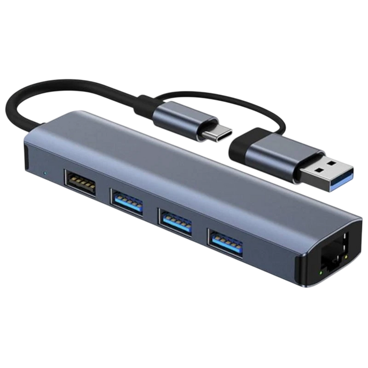 Hub USB BYL-2208 5 em 2 USB 3.0+Tipo C/RJ45 (Gigabit)+USB 3.0+2.0 Cinza