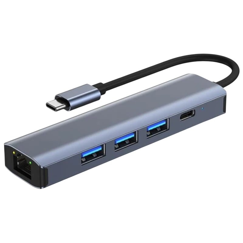 Hub USB BYL-2302 5 em 1 USB Tipo-C/USB 3.0+Tipo C 100W+RJ45 Cinza