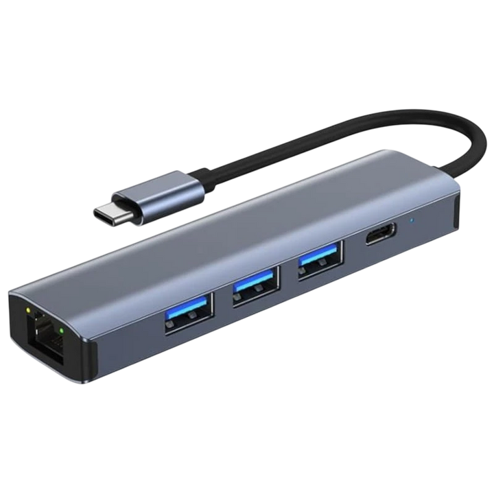 Hub USB BYL-2302 5 em 1 USB Tipo-C/USB 3.0+Tipo C 100W+RJ45 Cinza