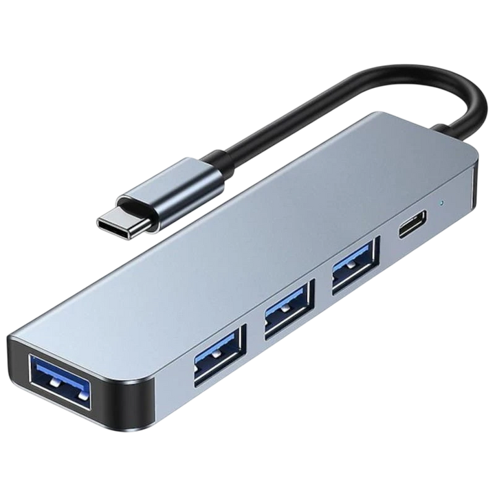 Hub USB 2301T 5 em 1 USB Tipo C+USB 3.0 Prata