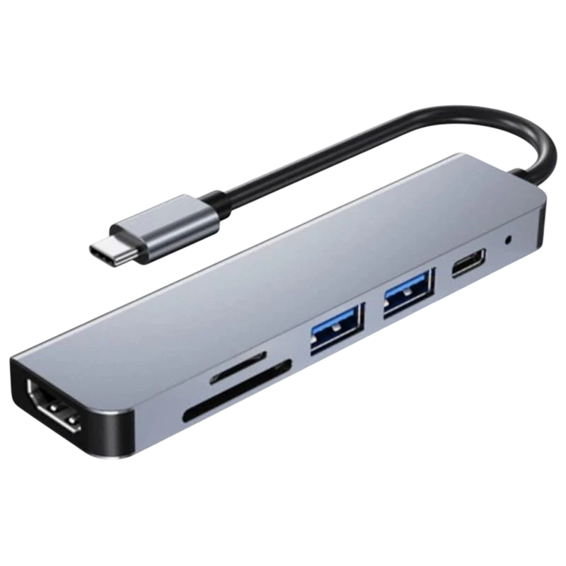 Hub USB BYL-2010 6 em 1 USB Tipo-C/HDMI+USB 3.0+USB 2.0+Tipo C+microSD+TF Cinza