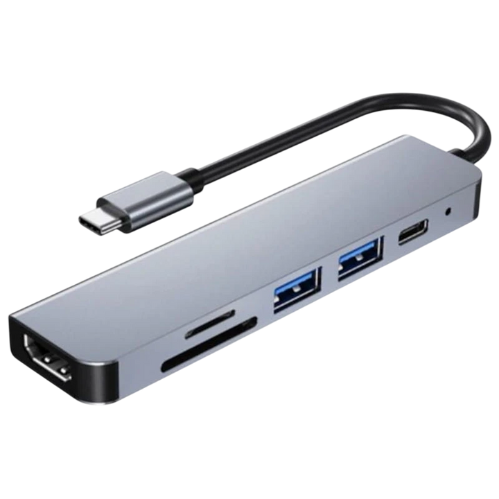 Hub USB BYL-2010 6 em 1 USB Tipo-C/HDMI+USB 3.0+USB 2.0+Tipo C+microSD+TF Cinza