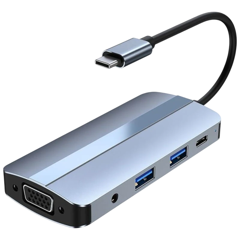 Hub USB BYL-2105 8 em 1 USB-C /USB 3.0+2.0+USB Tipo C+VGA+HDMI+microSD+TF Prata