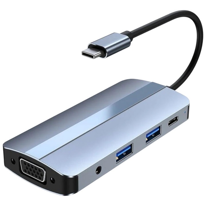 Hub USB BYL-2105 8 em 1 USB-C /USB 3.0+2.0+USB Tipo C+VGA+HDMI+microSD+TF Prata