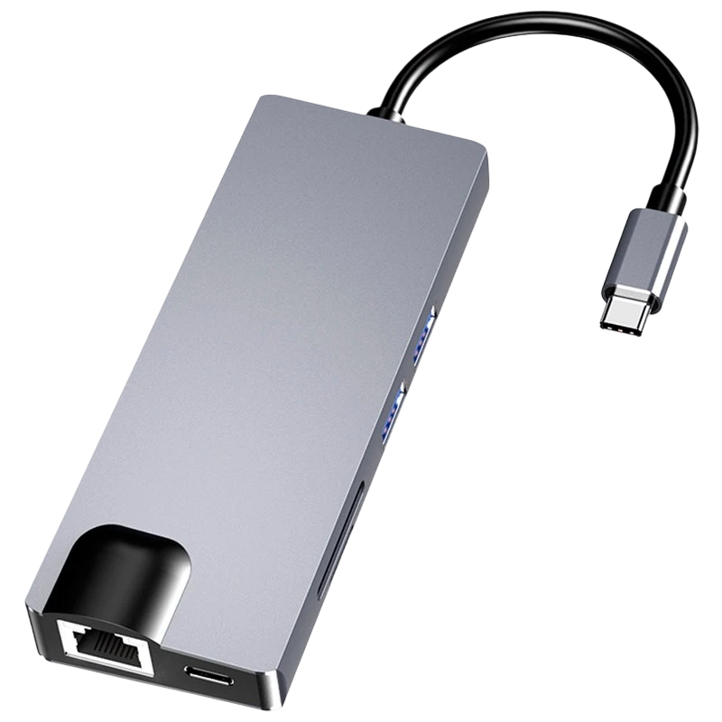 Hub USB-C 8 em 1 com HDMI + VGA + 2x USB 3.0 + USB-C PD + SD/TF + RJ45 1000 Mbps