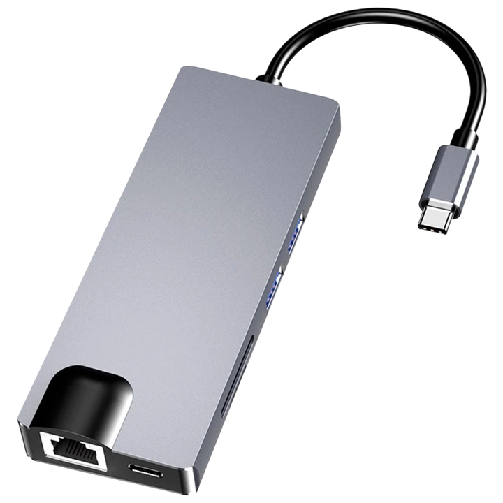 Hub USB-C 8 em 1 com HDMI + VGA + 2x USB 3.0 + USB-C PD + SD/TF + RJ45 1000 Mbps