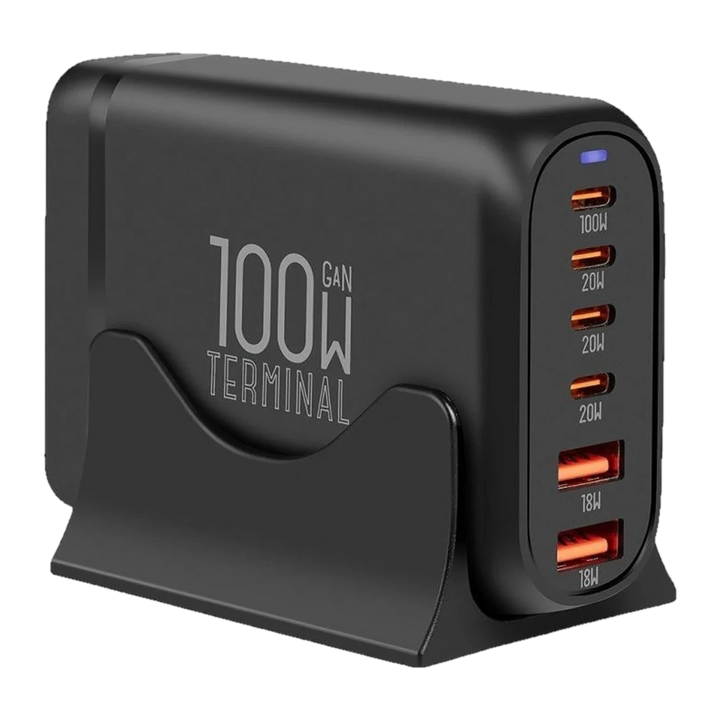 Obal:Me Terminal GaN Desk Charger 4C2A Carregador USB-C GaN de 100 W com 6 portas, preto