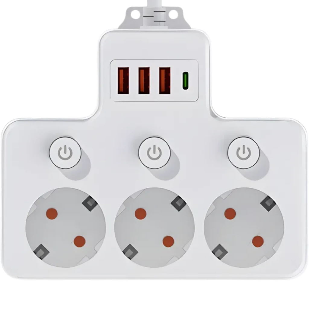 Regleta de tomadas 1 USB-C, 3 USB-A, 4 AC com interruptores individuais