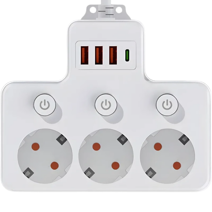 Regleta de tomadas 1 USB-C, 3 USB-A, 4 AC com interruptores individuais
