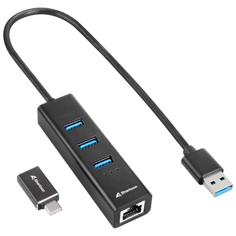 Sharkoon HUB USB 3.2 Alluminium HUB + RJ45 e USB Tipo C Preto