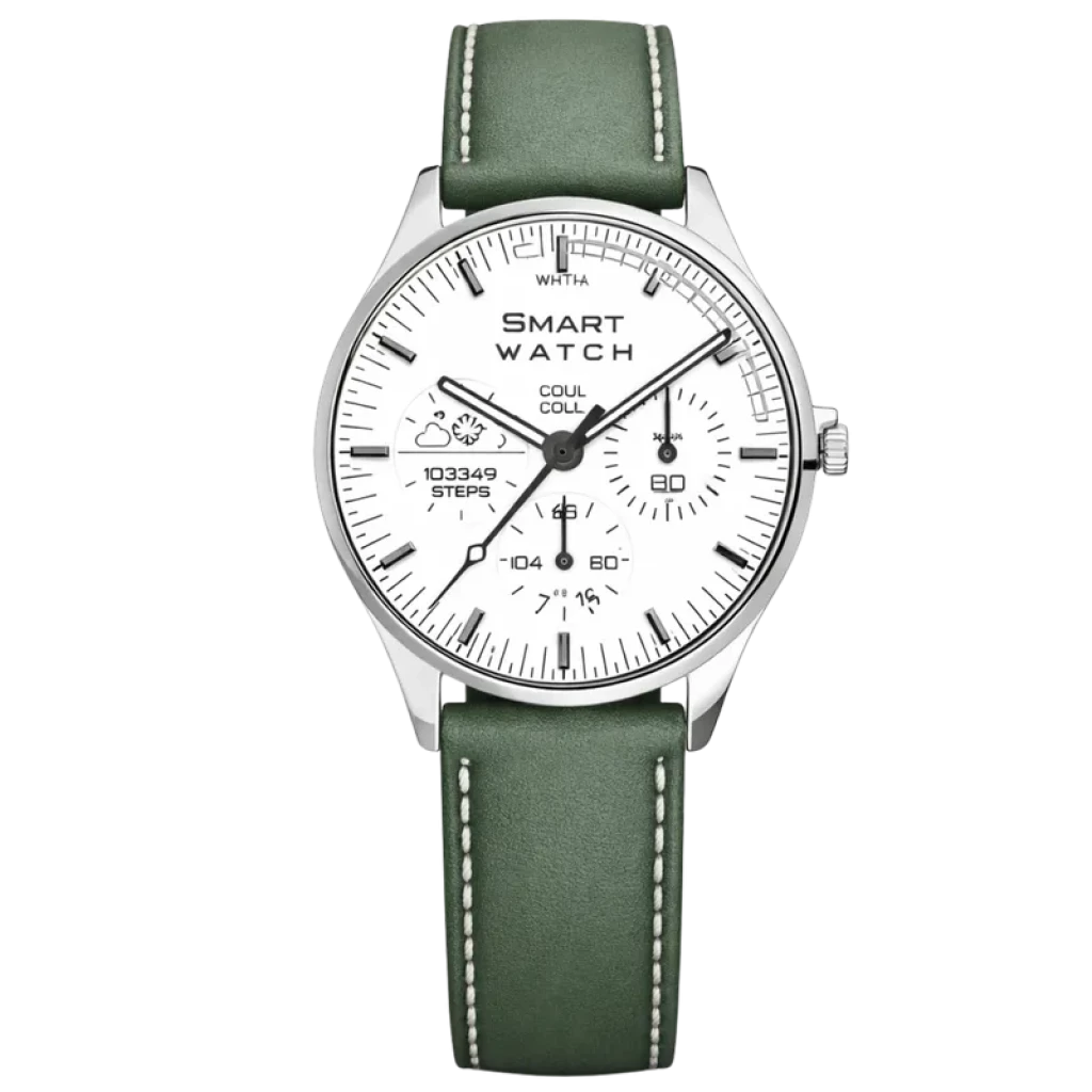 TN99 Smartwatch Prateado com Pulseira de Couro Verde Monitoramento da Frequência Cardíaca