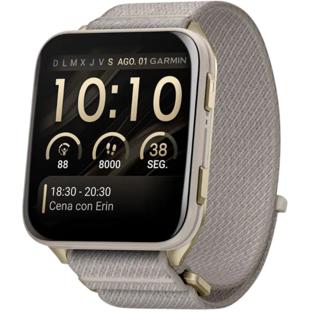 Garmin Venu X1 Caixa em titânio dourado Pulseira em nylon ComfortFit Cinzento