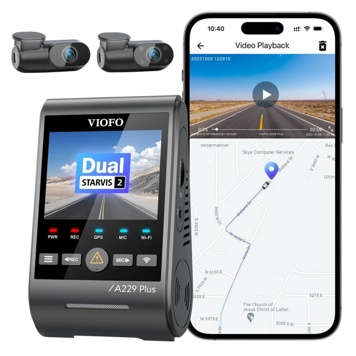 VIOFO A229 Plus 3 canais: Câmara frontal 2K + traseira 2K + interior 1080P HDR, Wi-Fi de 5 GHz, GPS e controlo por voz - Câmara de bordo